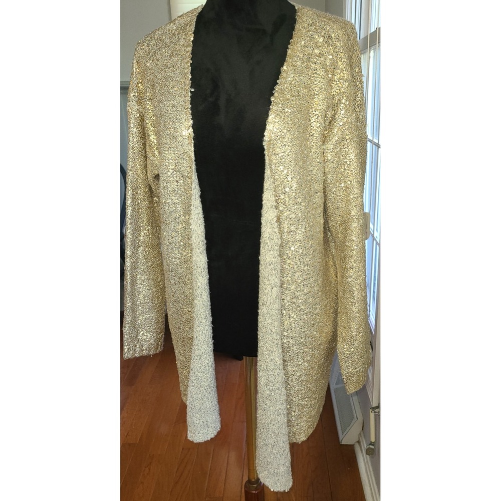 VTG Alberto Makali Open Front L Cardigan Shimmer Sweater Tan Gold Career Classic